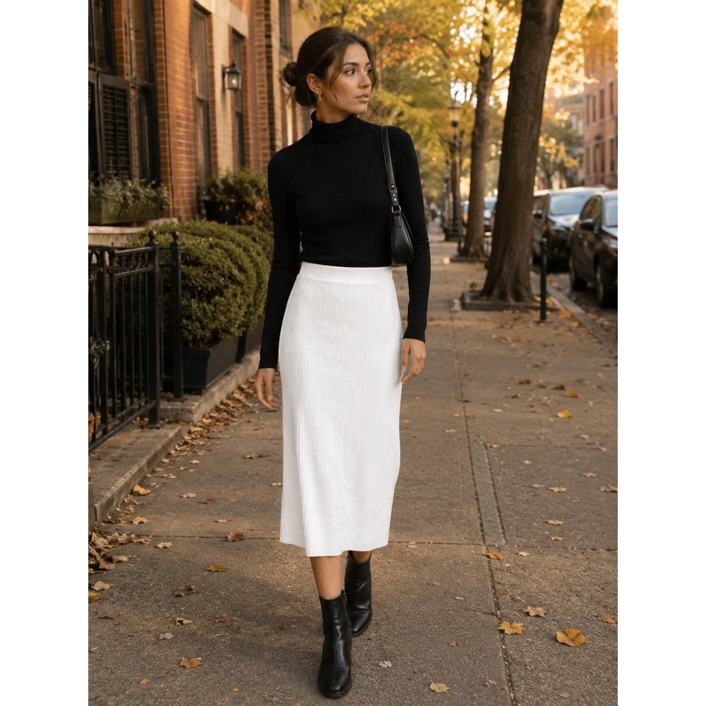 ZARA Midi Skirt M Ribbed Knit Stretch Pull On Quiet Luxury Clean Girl Resort 90s